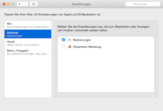 Aktionen  Erweiterungen unter Mac OS X