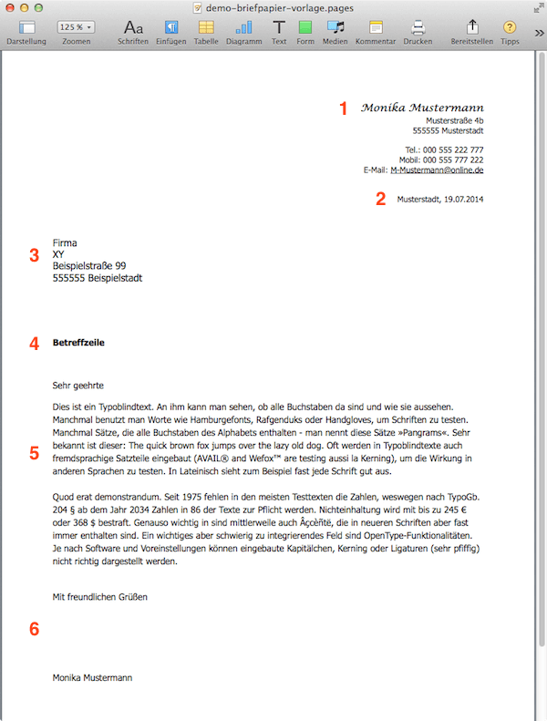 Beispiel für eine Briefpapier Vorlage in Pages von iWork