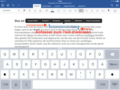 Einzelne Wörter oder Textpassagen in Office App für iPad markieren bzw. formatieren
