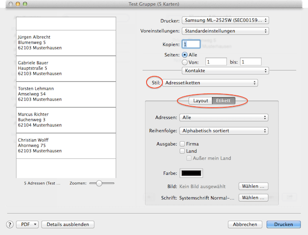 Etiketten mit Adressen am Mac ausdrucken