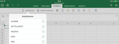 Menüzeile Formeln für Excel Office unter iOS