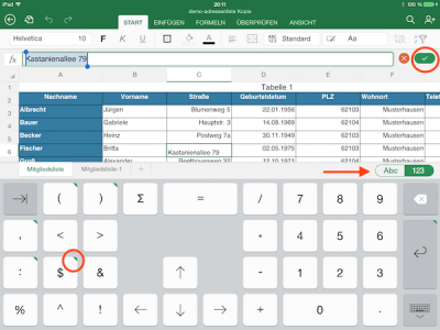 Das Tastaturlayout für Excel unter iOS
