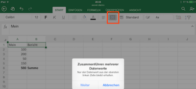 Zellen verbinden in Excel für iOS