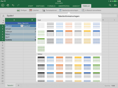Formatvorlagen für Excel App auf iPad