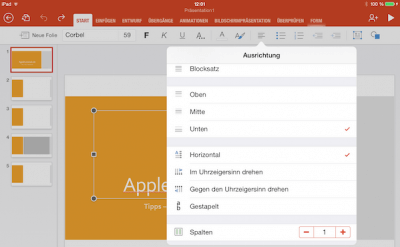 Textausrichtung für Power Point Folie auf dem iPad