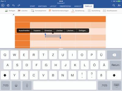 Kontextmenü für Tabellen auf iPad