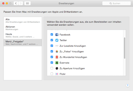 Freigaben in Erweiterungen unter Mac OS X