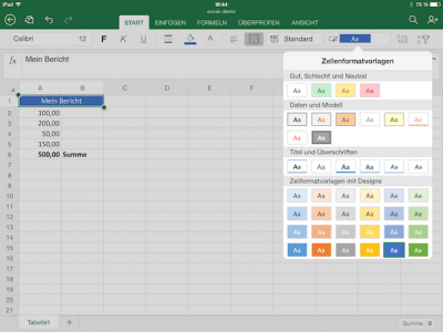 Formatvorlagen für Excel Zellen auf dem iPad