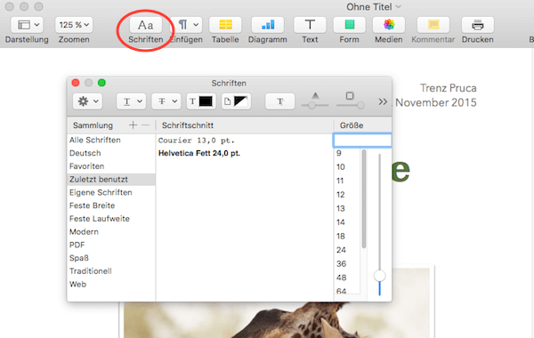 Schriftarten auswählen in Pages, Numbers oder Keynote von iWork