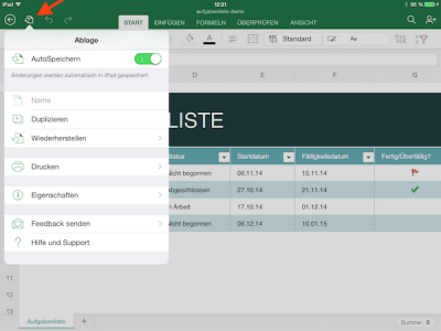 Ablage Menü für Word, Excel oder Power Point in Office 365 für iPad und iPhone