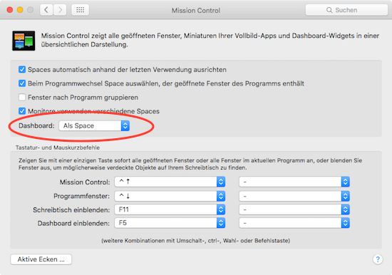 In Mission Control das Dashboard unter Mac El Capitan wiederfinden