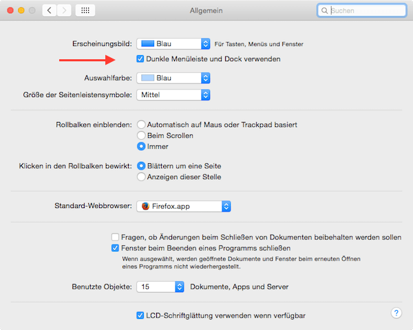 Dunkle Menüleiste und Dock in Mac OS Yosemite
