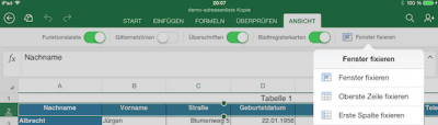 Spalten und Zeilen in Excel auf iPad fixieren