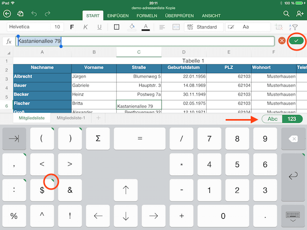 Advent gå på indkøb stribet Excel fürs iPad: Die Tastatur auf dem iPad