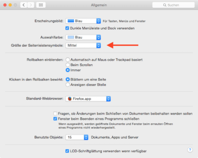 Finder Seitenleiste Darstellungsgröße