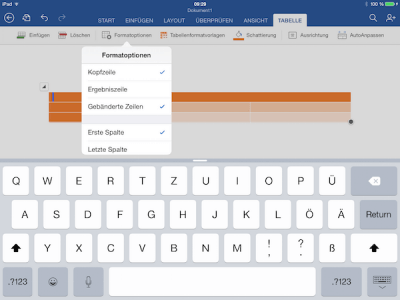 Formatoptionen für Office Tabellen auf dem iPad