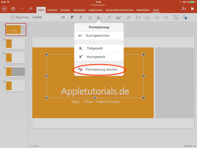 In Power Point fürs iPad alle Formatierungen auf einmal löschen