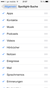 Die Reihenfolge der Apps für die Spotlight-Suche ordnen