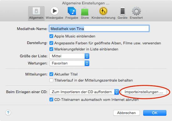 Importeinstellungen in iTunes für eigenen Klingelton