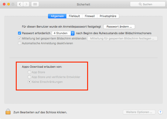 Keine Einschränkungen in den Sicherheitseinstellungen unter mac OS Sierra wiederherstellen