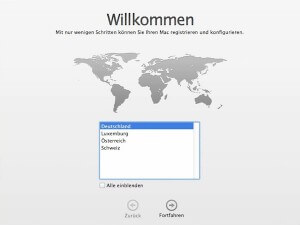 Land wählen bei der Konfiguration von Mac OS X