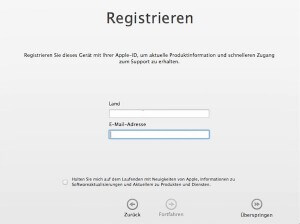 Abfrage bei der Installation, ob man sich bei Apple registrieren möchte