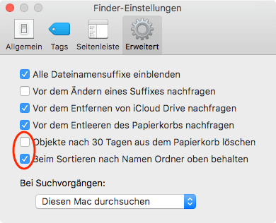 Neu in Sierra von Apple - Papierkorb nach 30 tagen löschen und Ordner im Finder sortieren