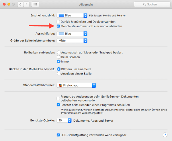 In mac OS X 10.11 die Mac Menüleiste ausblenden