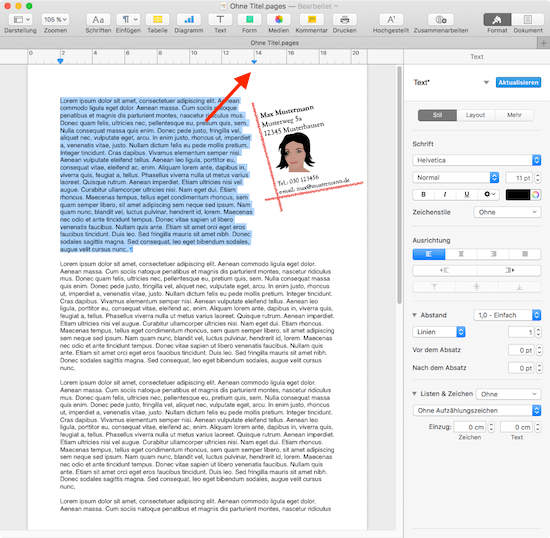 Wie man in Pages den eigenen Briefkopf mit Text kombiniert