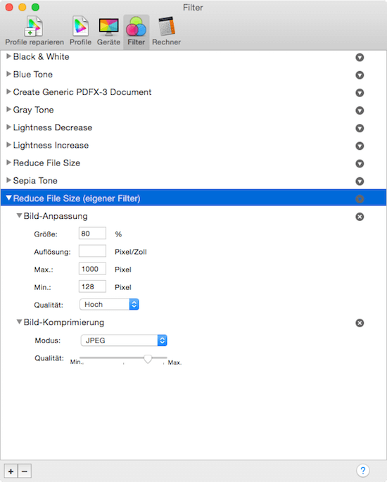 Quartz Filter Komprimierung für kleinere PDF Datei unter Mac OS X