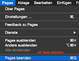 Pages oder Numbers beenden und Fenster beibehalten