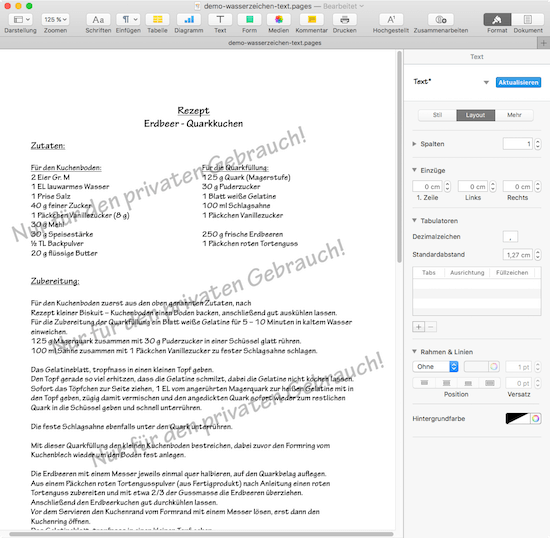 Beispiel für Text Wasserzeichen in Pages von iWork für Mac OS