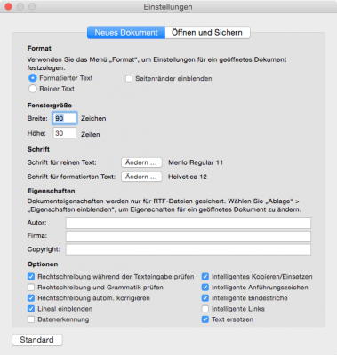 Einstellungsoptionen in TextEdit für Mac