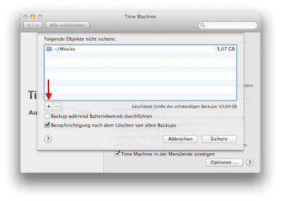 Dateien oder Ordner vom Time Machine Backup ausschließen