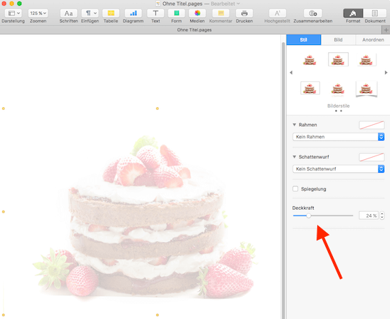 Bild als Wasserzeichen in Pages mit geringer Deckkraft