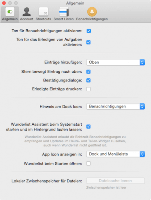 Einstellungen in Wunderlist App für Mac OS X